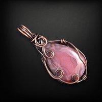 Handmade Copper Wire Wrapped Agate Pendant - Dark Pink, 2" - Antiqued Finish, No Chain