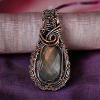 Handmade Copper Wire Wrapped Labradorite Pendant | Checker Cut | 1 3/4" | Antiqued Finish | No Chain