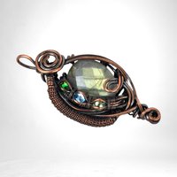 Handmade Copper Wire Wrapped Checkered Labradorite Pendant with Crystals, Unique Crystal Jewelry, Gift Idea
