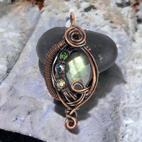 Handmade Copper Wire Wrapped Checkered Labradorite Pendant with Crystals, Unique Crystal Jewelry, Gift Idea