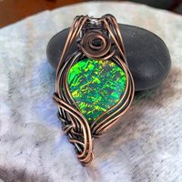 Handmade Copper Wire Wrapped Immitation Opal Green Glass Pendant, Unique Artisan Jewelry