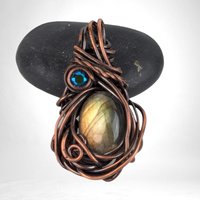 Handmade Copper Wire Wrapped Labradorite Pendant with Crystal Accent, Unique Gemstone Jewelry, Mystical Gift Idea