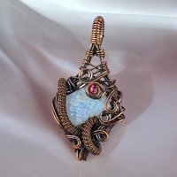Handmade Copper Wire Wrapped Moonstone Pendant | Carved Moonstone with Pink Crystal Accent | Antiqued Copper | Unique Gift