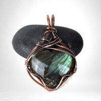 Handmade Copper Wire Wrapped Labradorite Heart Pendant | Unique Gemstone Jewelry | Antiqued Copper | Gift for Love and Transformation