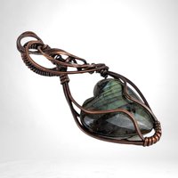 Handmade Copper Wire Wrapped Labradorite Heart Pendant | Unique Gemstone Jewelry | Antiqued Copper | Gift for Her