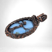 Handmade Copper Wire Wrapped Blue Opal Pendant with Female Figure, Oxidized Finish