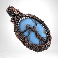 Handmade Copper Wire Wrapped Blue Opal Pendant with Female Figure, Oxidized Finish