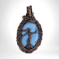 Handmade Copper Wire Wrapped Blue Opal Pendant with Female Figure, Oxidized Finish