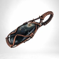 Ocean Jasper Pendant, Copper Wire Wrapped Pendant, Antiqued Copper Jewelry, Handmade Pendant, Green Blue Pendant