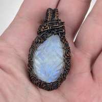 Handmade Copper Wire Wrapped Carved Rainbow Moonstone Pendant | Unique Artisan Jewelry | Boho Gift