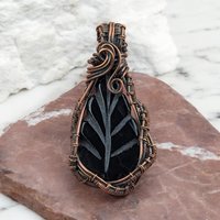 Handmade Copper Wire Wrapped Leaf Shaped Black Onyx Pendant | Unique Artisan Jewelry | Boho Gift