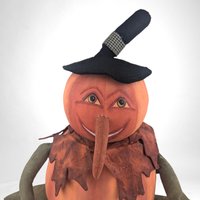 Vintage Handmade Folk Art Pumpkin and Bat Plush Figure, 17", Creepy Cute Halloween Decor, Fall Decor, One-of-a-Kind Gift