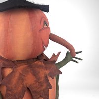 Vintage Handmade Folk Art Pumpkin and Bat Plush Figure, 17", Creepy Cute Halloween Decor, Fall Decor, One-of-a-Kind Gift