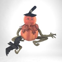 Vintage Handmade Folk Art Pumpkin and Bat Plush Figure, 17", Creepy Cute Halloween Decor, Fall Decor, One-of-a-Kind Gift