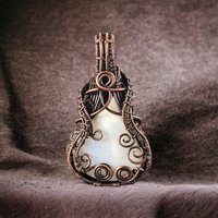 Handmade Copper Wire Wrapped White Calcedony Pendant | Guitar Shaped Pendant | Artisan Jewelry | Gift for Music Lover