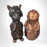 Vintage Resin Beatrix Potter Figurines | Benjamin Bunny, Mrs. Tiggy Winkle, Jemima Puddle Duck, Peter Rabbit | Metal-Colored Collectible Set