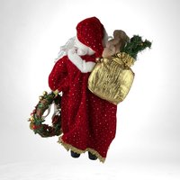 Vintage Standing Santa Claus Figure with Wreath and Teddy Bear | 18" Porcelain Hands and Feet | Christmas Decor