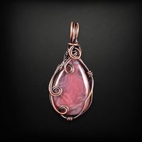 Handmade Copper Wire Wrapped Agate Pendant - Dark Pink, 2" - Antiqued Finish, No Chain