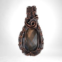 Handmade Copper Wire Wrapped Labradorite Pendant | Checker Cut | 1 3/4" | Antiqued Finish | No Chain