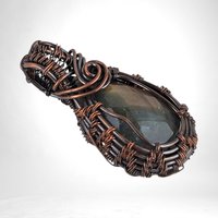 Handmade Copper Wire Wrapped Labradorite Pendant | Checker Cut | 1 3/4" | Antiqued Finish | No Chain