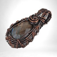 Handmade Copper Wire Wrapped Labradorite Pendant | Checker Cut | 1 3/4" | Antiqued Finish | No Chain