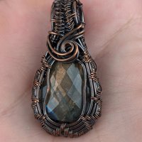 Handmade Copper Wire Wrapped Labradorite Pendant | Checker Cut | 1 3/4" | Antiqued Finish | No Chain