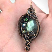 Handmade Copper Wire Wrapped Checkered Labradorite Pendant with Crystals, Unique Crystal Jewelry, Gift Idea