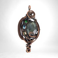 Handmade Copper Wire Wrapped Checkered Labradorite Pendant with Crystals, Unique Crystal Jewelry, Gift Idea