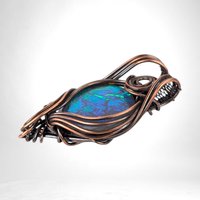 Handmade Copper Wire Wrapped Immitation Opal Green Glass Pendant, Unique Artisan Jewelry