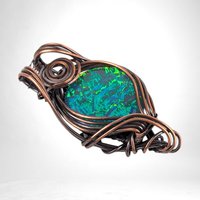 Handmade Copper Wire Wrapped Immitation Opal Green Glass Pendant, Unique Artisan Jewelry