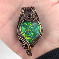 Handmade Copper Wire Wrapped Immitation Opal Green Glass Pendant, Unique Artisan Jewelry
