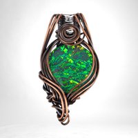 Handmade Copper Wire Wrapped Immitation Opal Green Glass Pendant, Unique Artisan Jewelry
