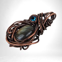 Handmade Copper Wire Wrapped Labradorite Pendant with Crystal Accent, Unique Gemstone Jewelry, Mystical Gift Idea