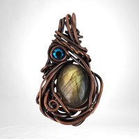 Handmade Copper Wire Wrapped Labradorite Pendant with Crystal Accent, Unique Gemstone Jewelry, Mystical Gift Idea