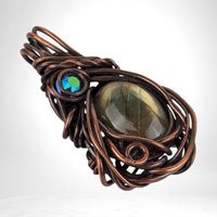 Handmade Copper Wire Wrapped Labradorite Pendant with Crystal Accent, Unique Gemstone Jewelry, Mystical Gift Idea