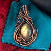 Handmade Copper Wire Wrapped Labradorite Pendant with Crystal Accent, Unique Gemstone Jewelry, Mystical Gift Idea