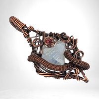 Handmade Copper Wire Wrapped Moonstone Pendant | Carved Moonstone with Pink Crystal Accent | Antiqued Copper | Unique Gift