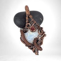 Handmade Copper Wire Wrapped Moonstone Pendant | Carved Moonstone with Pink Crystal Accent | Antiqued Copper | Unique Gift