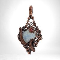 Handmade Copper Wire Wrapped Moonstone Pendant | Carved Moonstone with Pink Crystal Accent | Antiqued Copper | Unique Gift