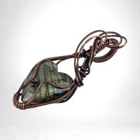 Handmade Copper Wire Wrapped Labradorite Heart Pendant | Unique Gemstone Jewelry | Antiqued Copper | Gift for Her