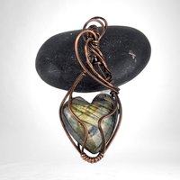 Handmade Copper Wire Wrapped Labradorite Heart Pendant | Unique Gemstone Jewelry | Antiqued Copper | Gift for Her