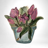 Vintage 2000 Heather Goldminc Flower Pot Wall Hanging | Clay Art | Home Decor | 7" x 6 3/4"