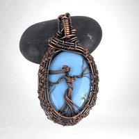 Handmade Copper Wire Wrapped Blue Opal Pendant with Female Figure, Oxidized Finish