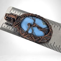 Handmade Copper Wire Wrapped Blue Opal Pendant with Female Figure, Oxidized Finish