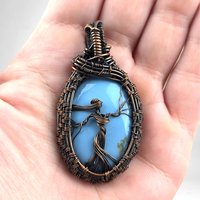 Handmade Copper Wire Wrapped Blue Opal Pendant with Female Figure, Oxidized Finish