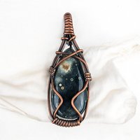 Ocean Jasper Pendant, Copper Wire Wrapped Pendant, Antiqued Copper Jewelry, Handmade Pendant, Green Blue Pendant