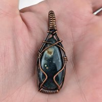 Ocean Jasper Pendant, Copper Wire Wrapped Pendant, Antiqued Copper Jewelry, Handmade Pendant, Green Blue Pendant