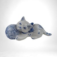 Set of 3 Vintage Porcelain Kittens, Blue and White Cat Figurines,  Ceramic Cat Decor,  Gift for Cat Lover, Home Decor