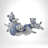 Set of 3 Vintage Porcelain Kittens, Blue and White Cat Figurines,  Ceramic Cat Decor,  Gift for Cat Lover, Home Decor