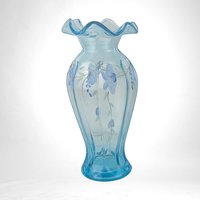 Vintage Fenton Aqua Blue Ruffled Vase, Hand Painted Floral, Victorian Style,  Art Glass, Home Decor, Wedding Gift,  9" Tall